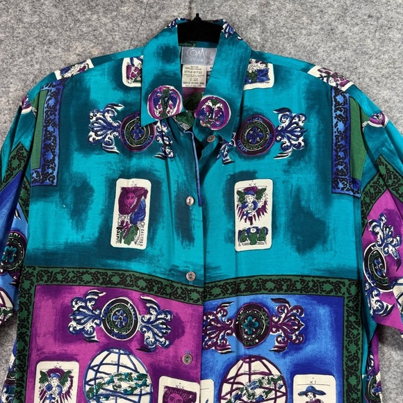 COMO Studio Vintage Artsy Hippie Tarot Print Shirt Teal Purple Rayon Size 6 - Picture 5 of 16